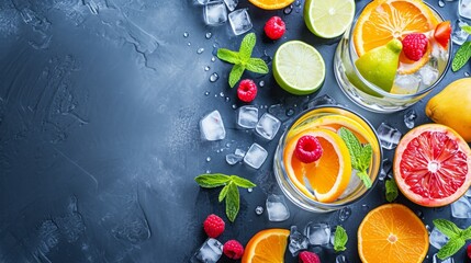 Summer Refreshment with Blank Space: Top view of a refreshing summer drink with fruits and ice cubes on a table, providing an empty area for inserting beverage-related quotes or promotional text. - obrazy, fototapety, plakaty