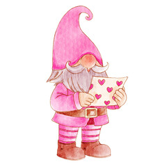 Gnome with valentines day costume read wedding card . Watercolor painting design . PNG .