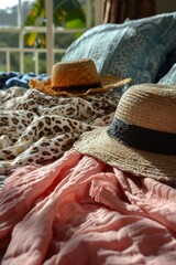 Colorful clothes and hat on window sill in room, closeup