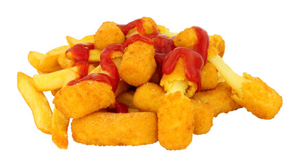 Breadcrumb covered mozzarella cheese sticks and chips with tomato sauce