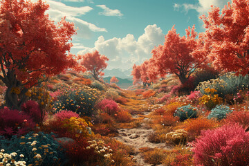 Fototapeta na wymiar Autumn landscape with colorful flowers