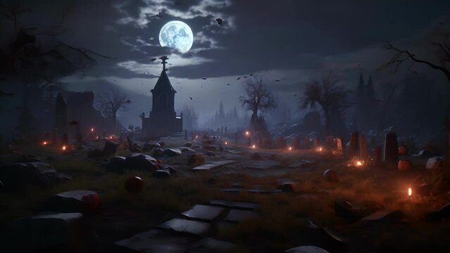 A Halloween graveyard nestled in a gloomfilled forest under a starstudded sky.