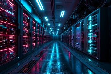 Server room data center. Backup, mining, hosting, mainframe and computer rack with storage information - obrazy, fototapety, plakaty