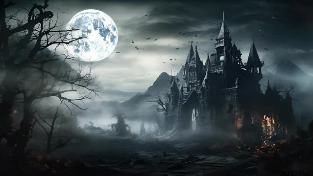 Mist swirls around an abandoned castle its broken windows watching with empty eyes.