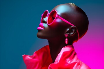 An African American fashion model is portrayed wearing sunglasses on a backdrop of a vibrant neon fluorescent blue and pink color.