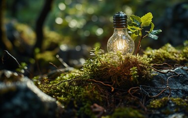 A lit incandescent light bulb in a mossy forest.