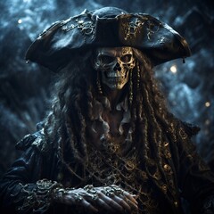 In the hauntingly beautiful, low key photograph, a luminescent nightmarish galactic pirate captivates the viewer's attention.