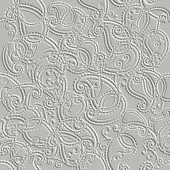 Fototapeta na wymiar 3d emboss textured ethnic floral Paisley seamless pattern. Surface flowers embossed background. Repeat relief vector ornate backdrop. Paisley flowers leaves emboss 3d ornaments with embossing effect