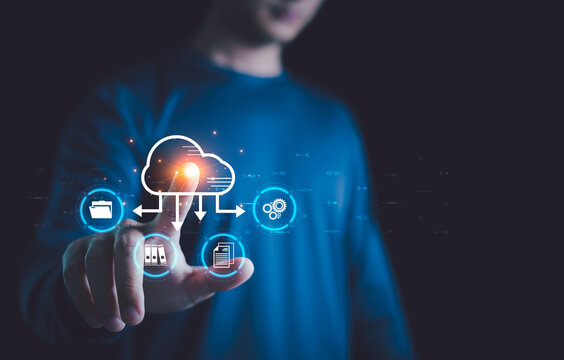 Cloud technology, Business people touching on cloud computing diagram, Data storage, Online data management system, information system for business, Networking and internet service concept.