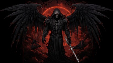 background of an angel of death with a scary face and wearing black clothes carrying a staff and wings, for a t-shirt, Generate AI