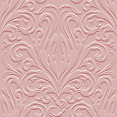 3d textured ornamental vintage emboss Baroque Damask pink seamless pattern with surface flowers, leaves. Vector relief royal background. Beautiful emboss grunge 3d ornaments in Baroque style