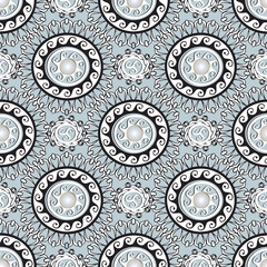 Ornamental lace greek style round mandalas seamless pattern with 3d buttons. Tribal ethnic style patterned circles background. Vector repeat modern backdrop. Symmetrical kaleidoskope ornaments
