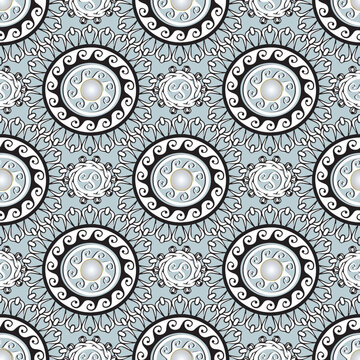 Ornamental lace greek style round mandalas seamless pattern with 3d buttons. Tribal ethnic style patterned circles background. Vector repeat modern backdrop. Symmetrical kaleidoskope ornaments