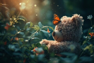 Butterfly perched on the nose of a teddy bear both framed against a backdrop of lush greenery showcasing the harmony between the whimsical and the natural