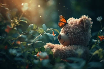 Foto op Plexiglas Butterfly perched on the nose of a teddy bear both framed against a backdrop of lush greenery showcasing the harmony between the whimsical and the natural © Teddy Bear