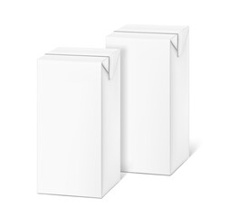 Packaging box for milk, juice mockups. Vector illustration isolated on white background. Half side view. Ready and simple to use for your design. EPS10.