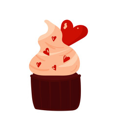 Chocolate cupcake for Valentine's day with cream cap and hearts. Love cupcake for wedding celebration, date, gift, Valentine's Day