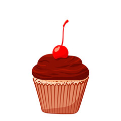 Cupcake with red cherry. Food illustration of delicious cupcake for coffee shop, bakery, cafe. Printing on a banner, sticker, for website