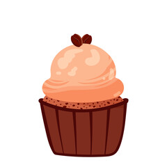Coffee cupcake with ice cream and coffee beans. Food illustration of delicious cupcake for coffee shop, bakery, cafe. Printing on banner, sticker, for website
