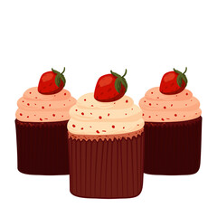 Composition of three cupcakes with strawberries. Food illustration of delicious cupcake for coffee shop, bakery, cafe. Printing on banner, sticker, for website