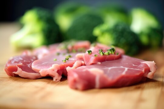 macro shot of sliced beef and broccoli florets with steam