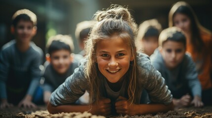 coach trains students doing push ups in sport room at school.