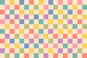 Colorful checkered hippie pattern. Abstract aesthetic geometric background. Fashion textile print with colorful checkerboard texture. Randomly scattered colors with groovy psychedelic effect. - obrazy, fototapety, plakaty