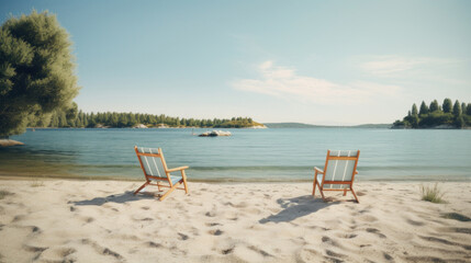 Two empty beach chairs facing a calm lake on a sandy shore, surrounded by lush greenery and clear blue skies.