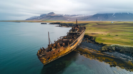 Shipwreck. The ship ran aground top view. The ship crashed on the coastal cliffs. Abandoned marine vessels. The ship lies on the tank view from the drone.