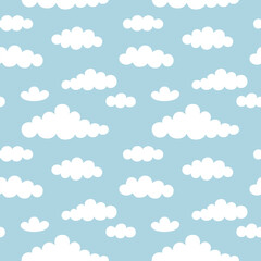 Cartoon cloud sky seamless pattern vector. Cute white cloud on pastel blue sky background. Cloudy sky wallpaper. Minimal and simple sky. Design for fabric, kid cloth, shirt, skirt, dress, scarf, print