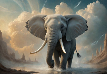Fantasy Illustration of a wild elephant. Digital art style wallpaper background.