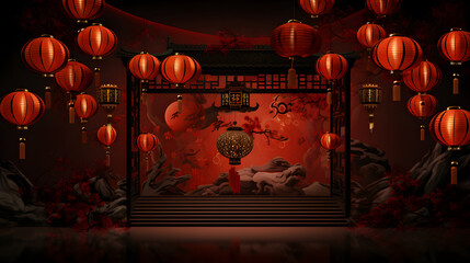 Chinese New Year lanterns in the night. 3D rendering.