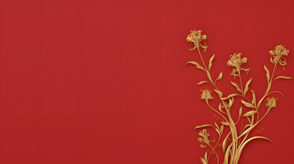 3d render of Gold flowers and tree branch on red background.