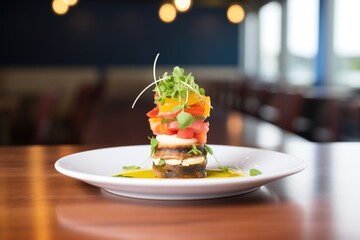 side view, bruschetta stack on plate, layered tomato and cheese - obrazy, fototapety, plakaty