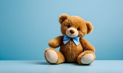 Brown teddy bear with blue bow on blue background. Copy space. Valentine's Day, birthday, or baby shower greeting card	