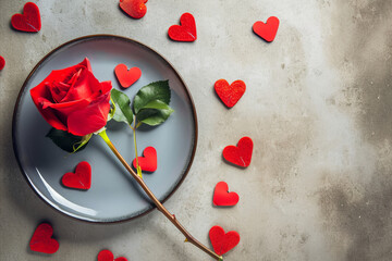 overhead flat lay view of a valentine meal setting, a plate with a red rose and heart shapes