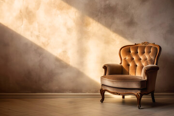 Empty texture beige wall with sunlight and classic armchair - abstract warm interior background