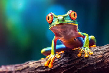 a frog with red eyes sitting on a branch with a blurry background of trees and grass in the background, generative ai