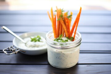 vegan cashew blue cheese dressing dip with carrot sticks - obrazy, fototapety, plakaty