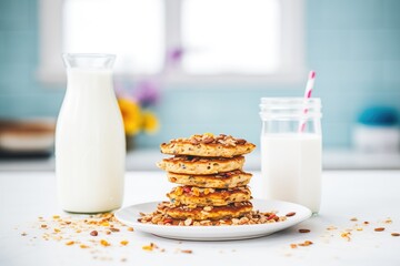 stack of cereal pancakes with almond milk jug behind - obrazy, fototapety, plakaty