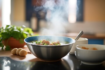 steaming bowl of the dish on a kitchen counter with bread rolls