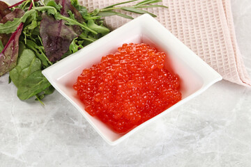 Red caviar in the bowl