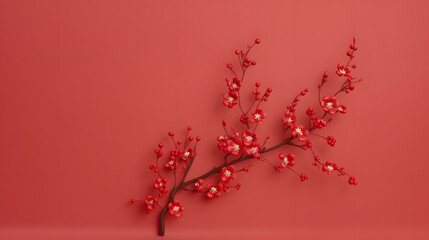 Plum blossom branch on red background. 3D rendering.
