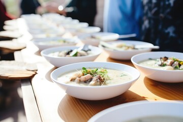 clam chowder tasting event with multiple bowls