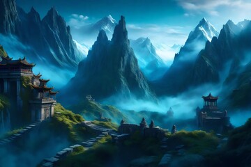 A fantasy version of the Himalaya Mountains covered in vibrant, swirling magical fog, mythical creatures roaming the peaks, and ancient ruins peeking through the mist