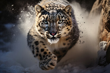 A snow leopard that was about to lunge at its prey. Ai generate.