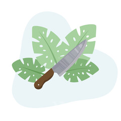 Knife flat vector Illustration Icon decorated with leaves for web use for kitchen knife, blade, cooking utensil, stainless steel