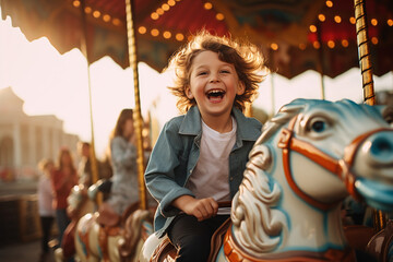 Little boy in amusement park playing on carousel with smiling face. Ai generate.