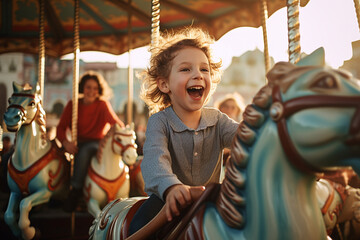 Little boy in amusement park playing on carousel with smiling face. Ai generate.