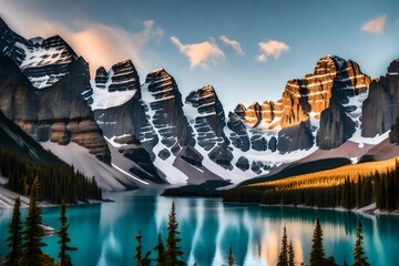 Moraine Lake at sunrise, transformed into a fantastical realm with mystical creatures and ethereal lights dancing on the water's surface, the mountains adorned with magical elements - obrazy, fototapety, plakaty